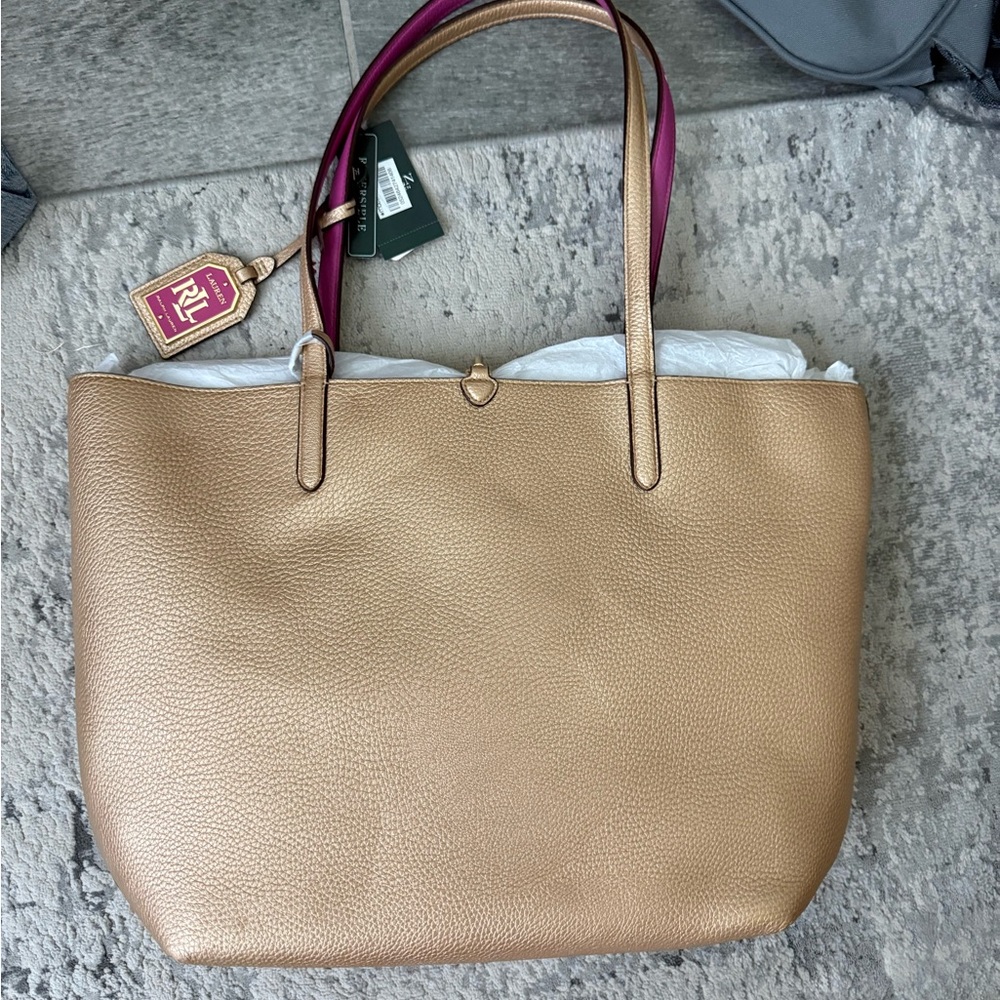 NWT Ralph Lauren Gold Leather Tote with Purple Accents Reversible